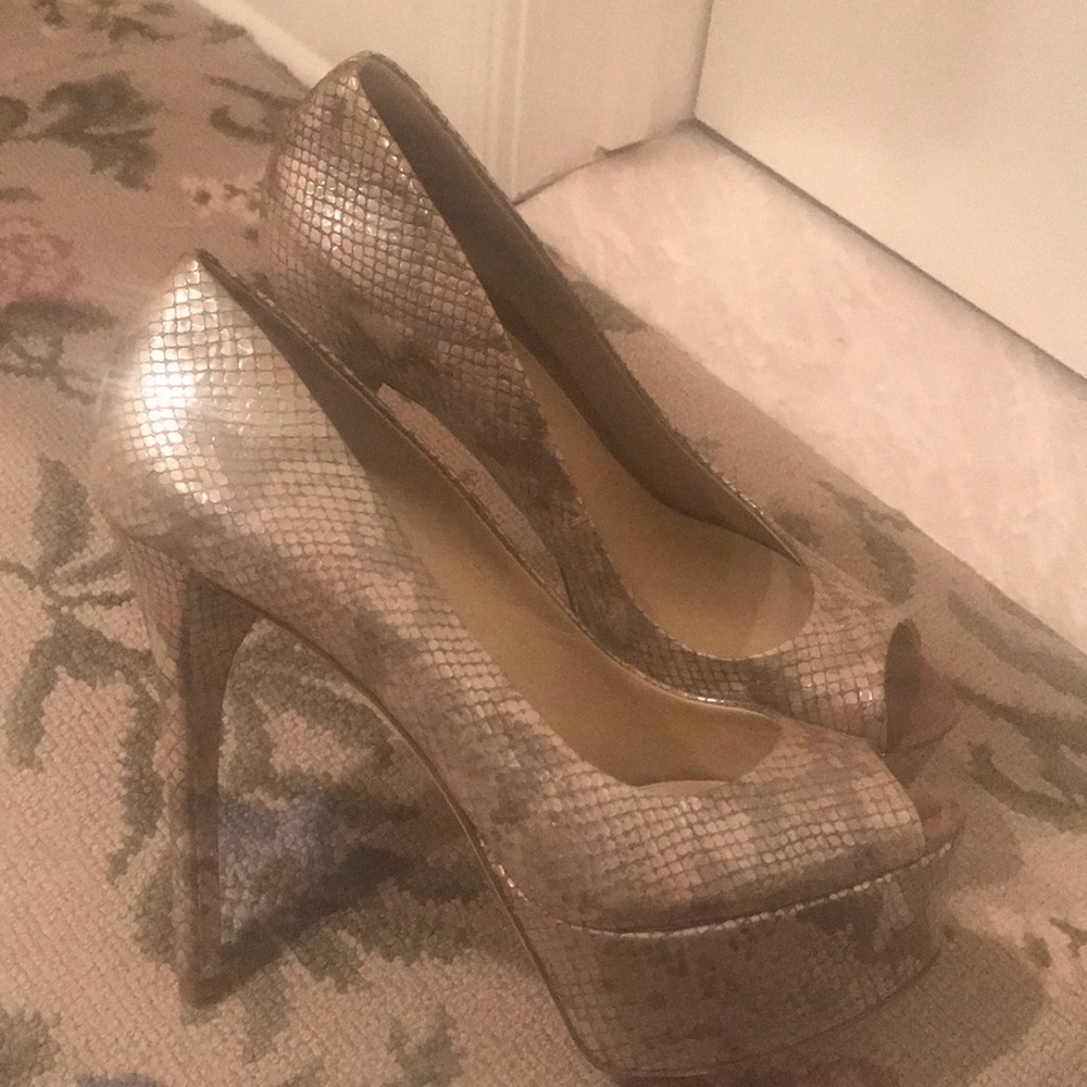 WORN ONCE! Brian Atwood metallic snake heels!